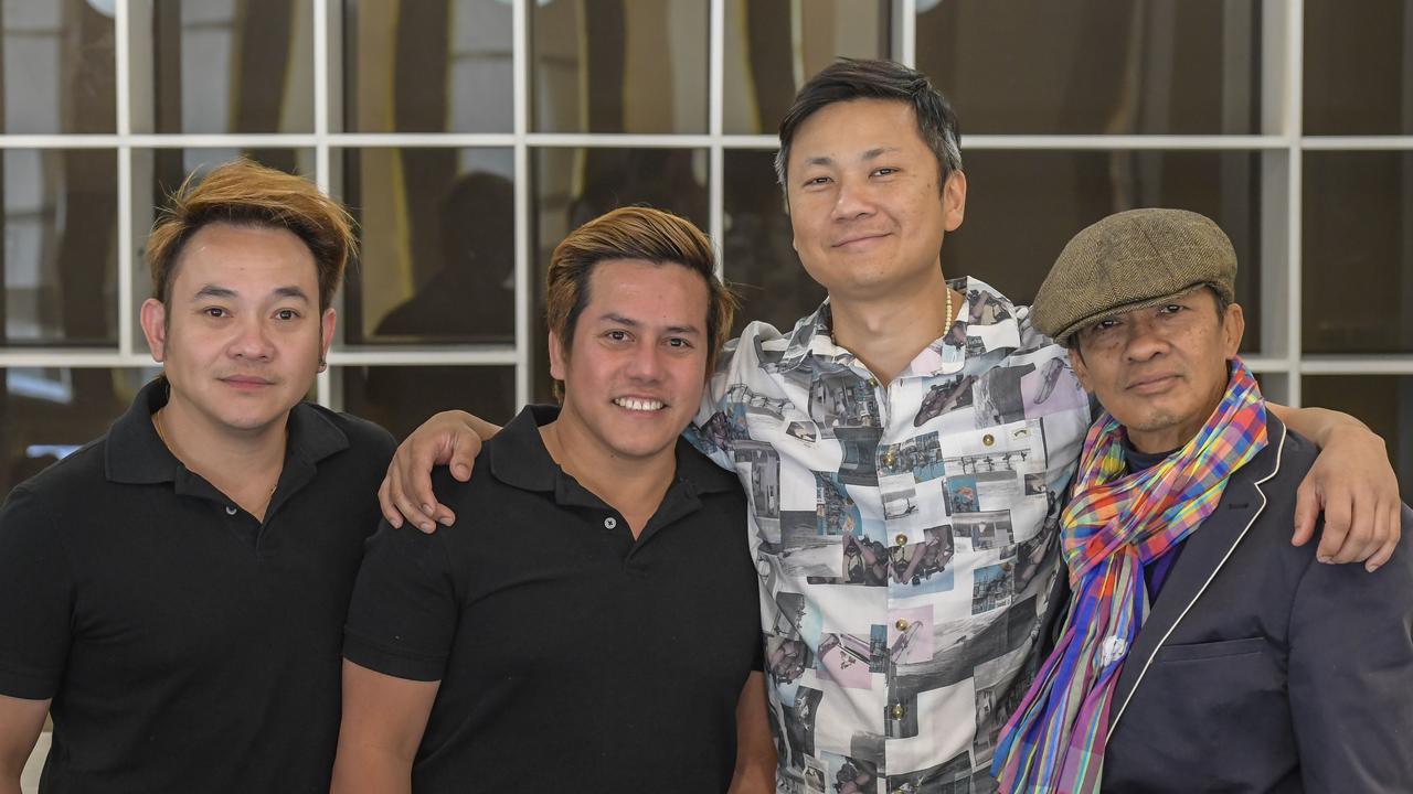 Business partners Phudisanat Ratanatilaka Na Bhuket, Tatsanai Suwannarat and Geng Sapphachai with Thai artist Pechsing Somnus at Bo Rarn. Picture: Roy VanDerVegt