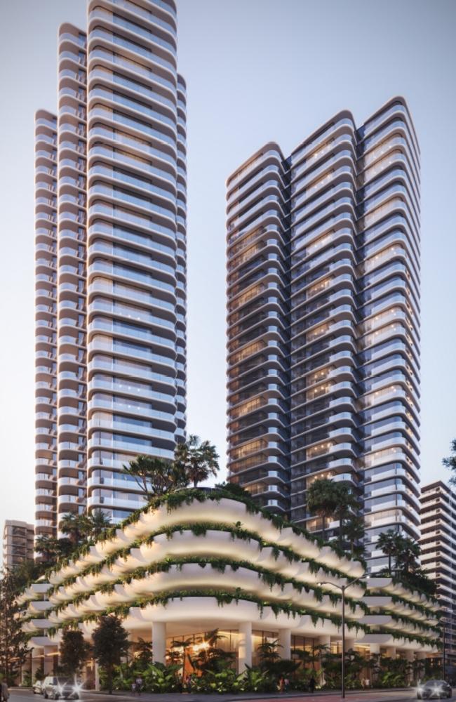 Artist impression of a giant two-tower development proposed by Andrews Projects for a site in central Surfers Paradise fronting Markwell Ave. Picture: Supplied