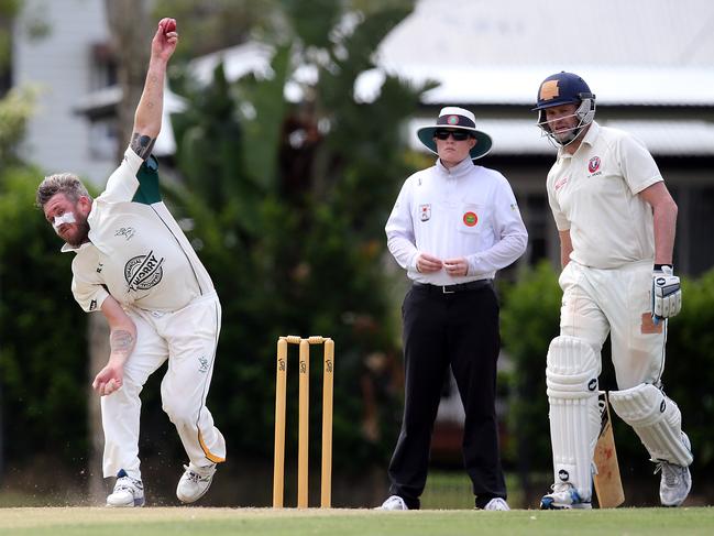 Sam Winton bowls for Queens on Saturday as Chris Swan watches on. Picture: Richard Gosling