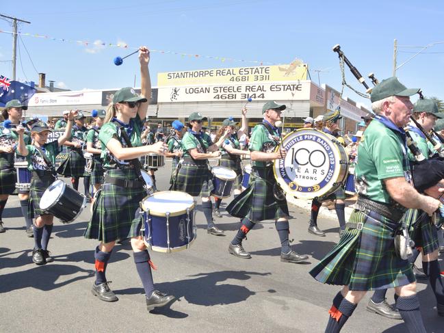 The Warwick Thistle Pipe Band marched through the main street of Stanthorpe as part of Channel 7's Grand Parade during the Apple and Grape Harvest Festival on Saturday, March 2, 2024. Photo: Jessica Klein