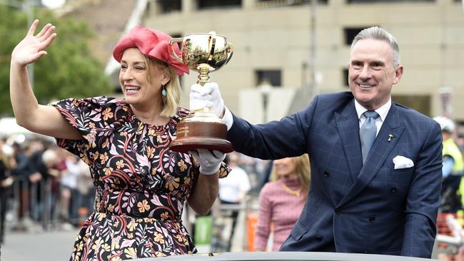 Melbourne Lord Mayor Sally Capp and Victorian Racing Club Chairman Neil Wilson with the Melbourne Cup. Picture: NCA NewsWire / Andrew Henshaw