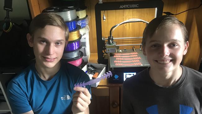 Redlands brothers William and Max Olufson have been making ear guards for health workers on the COVID-19 front-line who are forced to wear facemasks constantly.