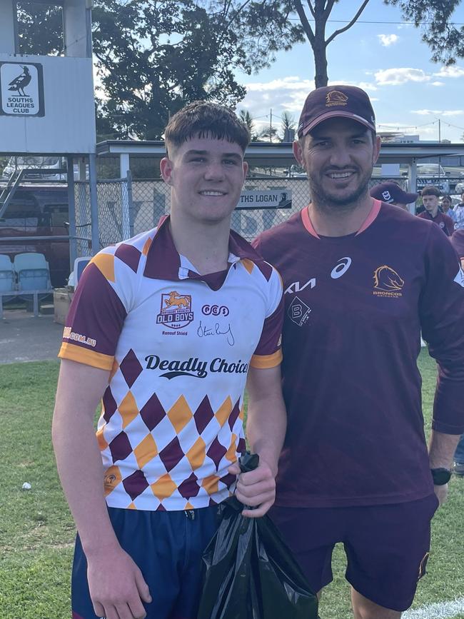 Ipswich SHS man of the match Baxter Best with Broncos champion Matt Gillett.