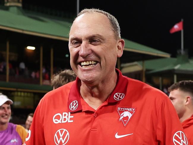 SYDNEY, AUSTRALIA - SEPTEMBER 07:  Swans head coach John Longmire celebrates victory after the AFL First Qualifying Final match between Sydney Swans and Greater Western Sydney Giants at Sydney Cricket Ground, on September 07, 2024, in Sydney, Australia. (Photo by Matt King/AFL Photos/via Getty Images)