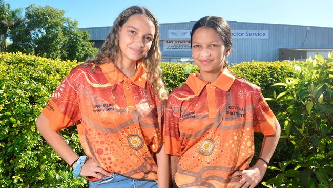 Palm Island Mayor Mislam Sam's daughters Shameka, 16, and Sharona, 13, are advocating for more people to get vaccinated to protect the Indigenous community. Picture: Caitlan Charles