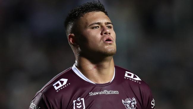 SYDNEY, AUSTRALIA - JUNE 09:  Josh Schuster of the Sea Eagles reacts during the round 15 NRL match between Manly Sea Eagles and Dolphins at 4 Pines Park on June 09, 2023 in Sydney, Australia. (Photo by Jason McCawley/Getty Images)