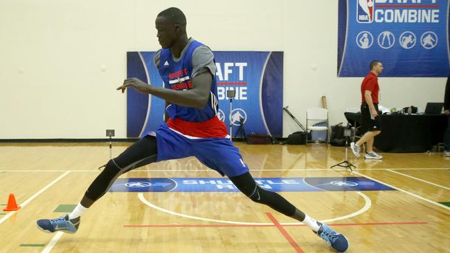 Thon Maker shows off his athletic capabilities at the NBA Draft Combine.
