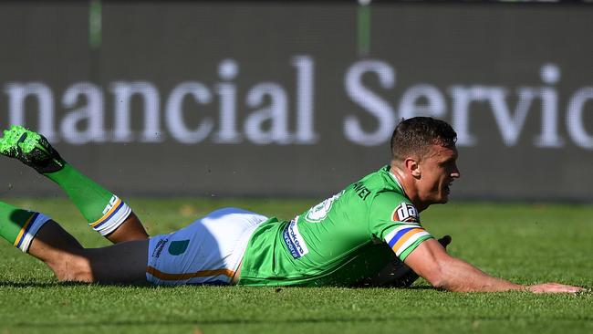 Jack Wighton scores a try for the Raiders. Picture: AAP