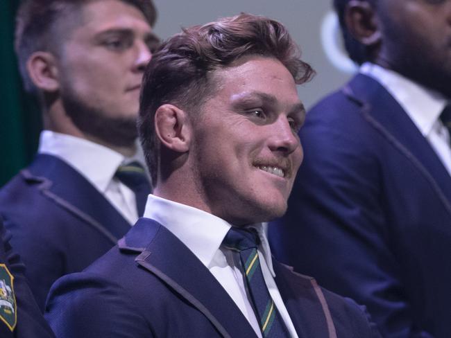 SYDNEY, AUSTRALIA - AUGUST 23: Wallabies players including coach Michael Cheika and captain Michael Hooper gather at The Star on August 23, 2019 in Sydney, Australia. (Photo by Brook Mitchell/Getty Images)