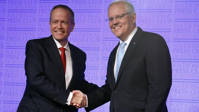 Prime Minister Scott Morrison (right) and Labor leader Bill Shorten shake hands at the start of The Leaders' Debate' at the National Press Club in Canberra in 2019. Picture: Liam Kidston/Getty Images