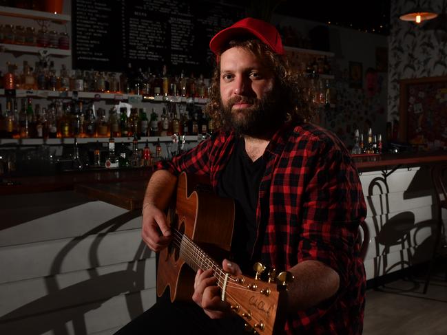 5/6/20. Musician Tom West at Mississippi Moon in the City. The story for Sunday's paper on what SA's arts sector thinks would help stimulate new activity for the industry - grants etc. The PM has flagged he is looking at a 'JobMaker' support package for the arts, and it could be announced as early as next week. Picture: Keryn Stevens