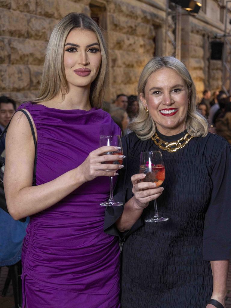 Lola Day and Mel Flintoft at the Adelaide Art Gallery, Adelaide Fashion Week. Picture: Kelly Barnes