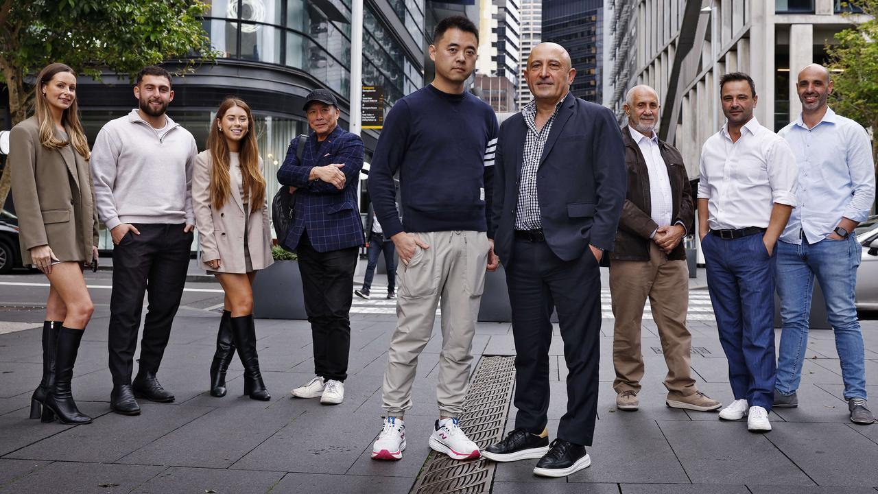 Stephen Xu (front left) and Garry Simonian with other hospitality operators from the Wetsern Harbour precinct. Picture: Sam Ruttyn