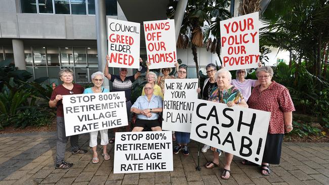 Cairns retirement village residents have turned out in force at the Cairns Regional Council's general meeting, protesting the proposed change to the zoning of their general rates, which will lift annual costs by 800 percent. Picture: Brendan Radke