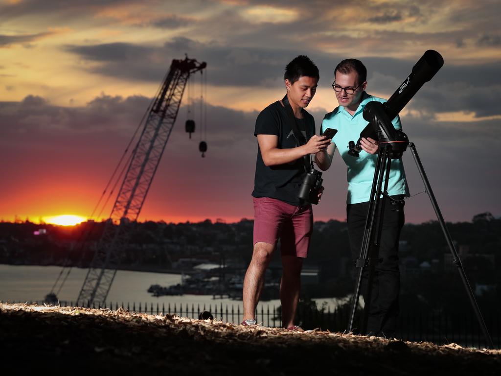 20-02-20 - Saber Astronautics director Andreas Antoniades (Blue polo shirt )with Dan Lim at Sydney Observatory. Saber Astronautics is preparing to launch an app at the end of the year to "democratise space", allowing anyone with a satellite to log the location of a satellite and help protect them/avoid potentially catastrophic crashes.Picture By Ryan Osland