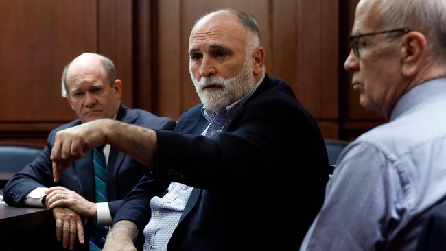 Celebrity chef Jose Andres (C) joins Sen. Chris Coons (D-DE) (L) and Sen. Peter Welch (D-VT) for an interview following a meeting about getting humanitarian aid to Gaza at the U.S. Capitol on March 14, 2024 in Washington, DC.