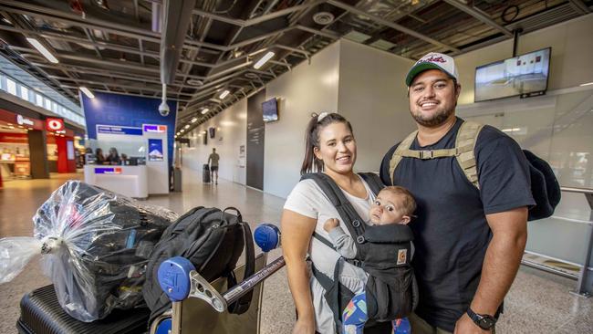 Tempany Hall, 23 with Tane, nine months and Awa Vandenbrink, 29 arrived in Melbourne from NZ just before the border closed. Picture: Tim Carrafa