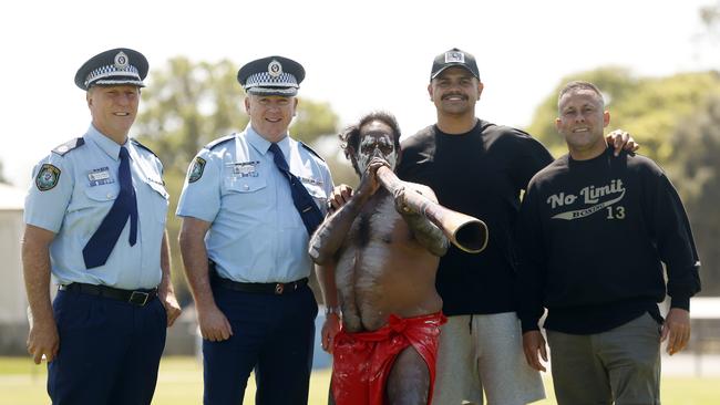 The NSW PCYC launch the Fight for Success program in Kempsey: Gavin Wood, Peter McKenna, Bennelong, Latrell Mitchell and Matt Rose. Picture: Sam Ruttyn