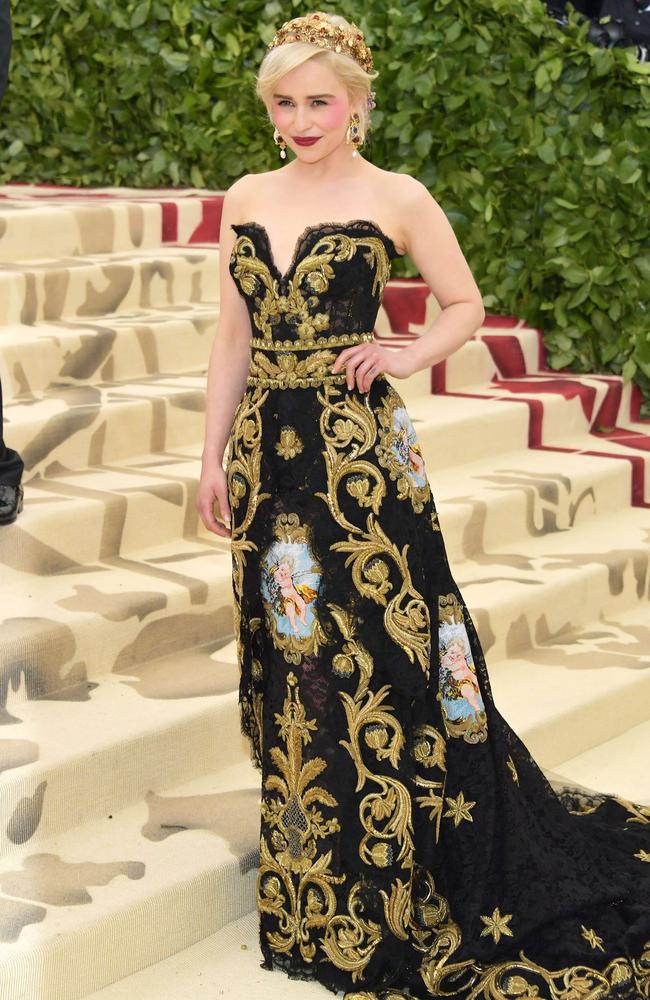 Emilia Clarke at the 2018 Met Gala, themed around Heavenly Bodies: Fashion &amp; The Catholic Imagination. Picture: AFP 