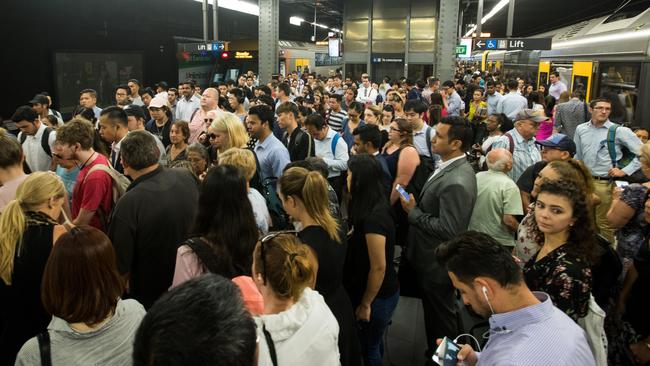 A crowded platform at Town Hall Station in Sydney. Picture: Julian Andrews