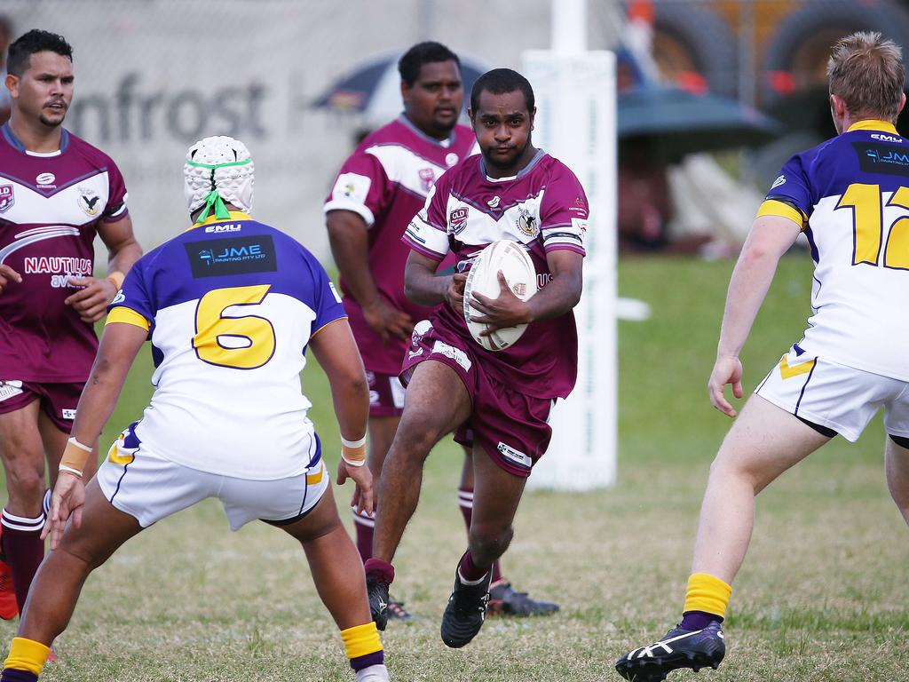 Yarrabah's Bruce Murgha runs the ball through the middle in the Cairns and District Rugby League (CDRL) match between, the Edmonton Storm and the Yarrabah Seahawks, held at Peterson Park, Edmonton. Picture: Brendan Radke
