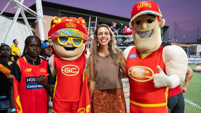 Agnes Gumurdul and Mollie Teale from Arnhem Land supporting the Suns at the Gold Coast Suns match vs Adelaide Crows at TIO Stadium. Picture: Pema Tamang Pakhrin