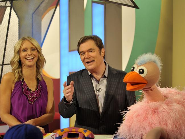 Livinia Nixon, Daryl Somers and Ossie Ostrich on the set of <i>Hey Hey It's Saturday</i>. Picture: Channel 9