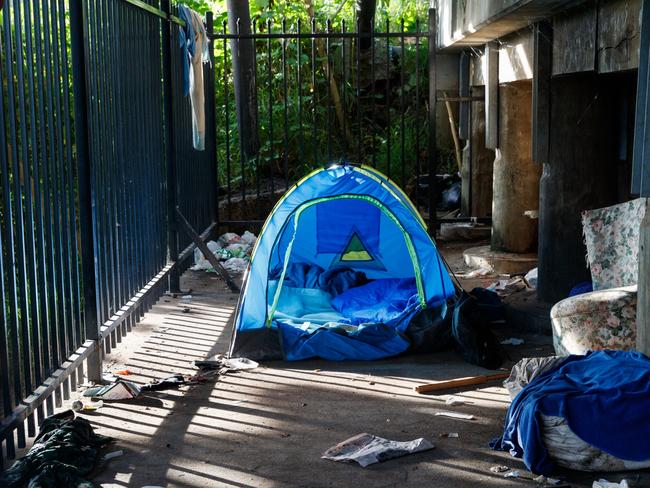 Lismore.  A tent sits under a bridge on the edge of town, homeless people and drug users are said to often live in tents along the river. Picture: David Swift