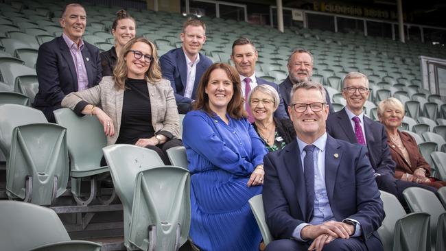 TFC AFL Club Inaugural Board of Directors, Chair Grant O'Brien with (Club Ambassador) Julie Kay, James Henderson, Kathy Schaefer, Alastair Lynch, Kath McCann, Alicia Leis, Roger Curtis, (Club Ambassador) Jack Riewoldt, Graeme Gardner and Laura McBain at UTAS Stadium. Picture: Chris Kidd