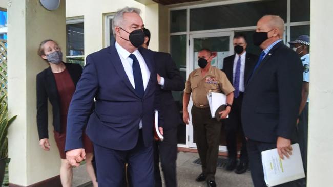 US National Security Council's Indo-Pacific co-ordinator Kurt Campbell (centre) leaves a meeting with the Solomon Islands government in Honiara. Picture: Mavis Podokolo/AFP