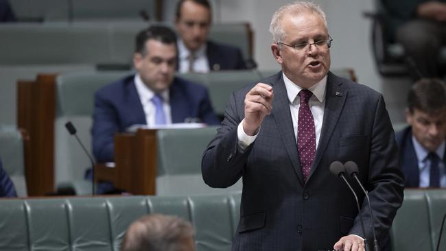 The Prime Minister Scott Morrison during question time today in the house of representatives. Monday 31st August 2020. Photograph by Mike Bowers. Guardian Australia. Coronavirus Australia.POOL PHOTOS FROM CHAMBER FLOOR