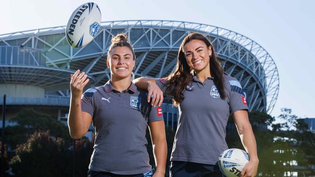 Sky Blues teammates Jessica Sergis and Millie Boyle ahead of the women State of Origin. Picture: David Swift