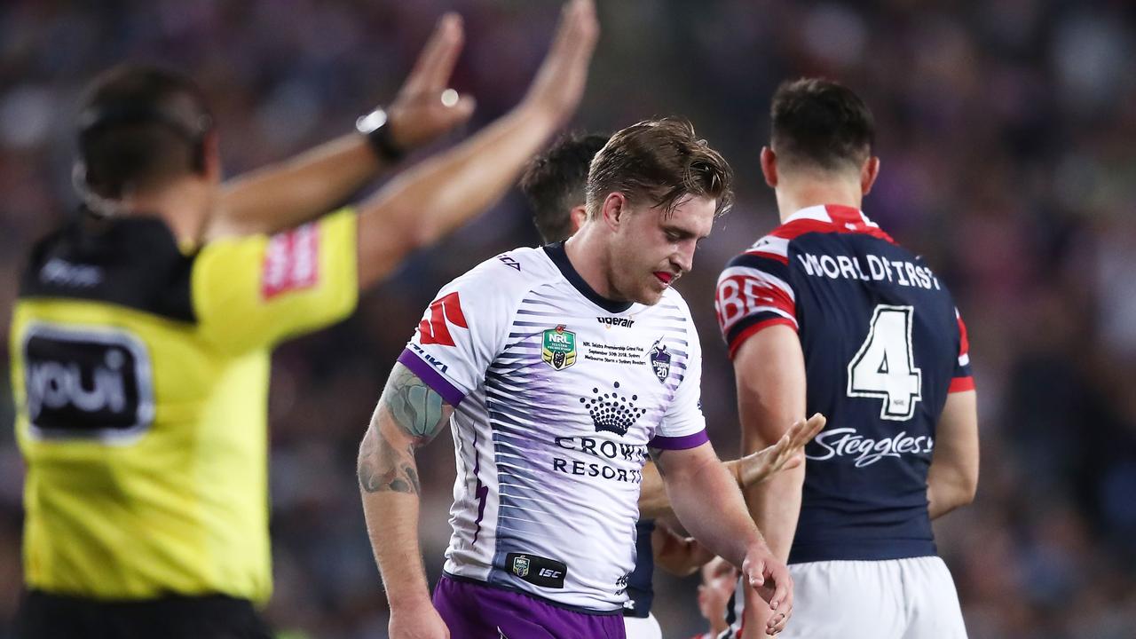 Cameron Munster of the Storm is sent to the sin bin during the 2018 NRL Grand Final between the Melbourne Storm and the Sydney Roosters. (Photo by Matt King/Getty Images)