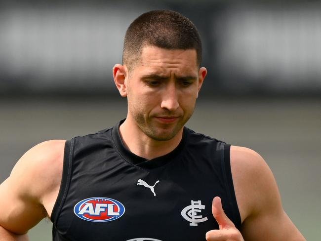 MELBOURNE, AUSTRALIA - SEPTEMBER 18: Jacob Weitering of the Blues trains during a Carlton Blues AFL training session at Ikon Park on September 18, 2023 in Melbourne, Australia. (Photo by Morgan Hancock/Getty Images)