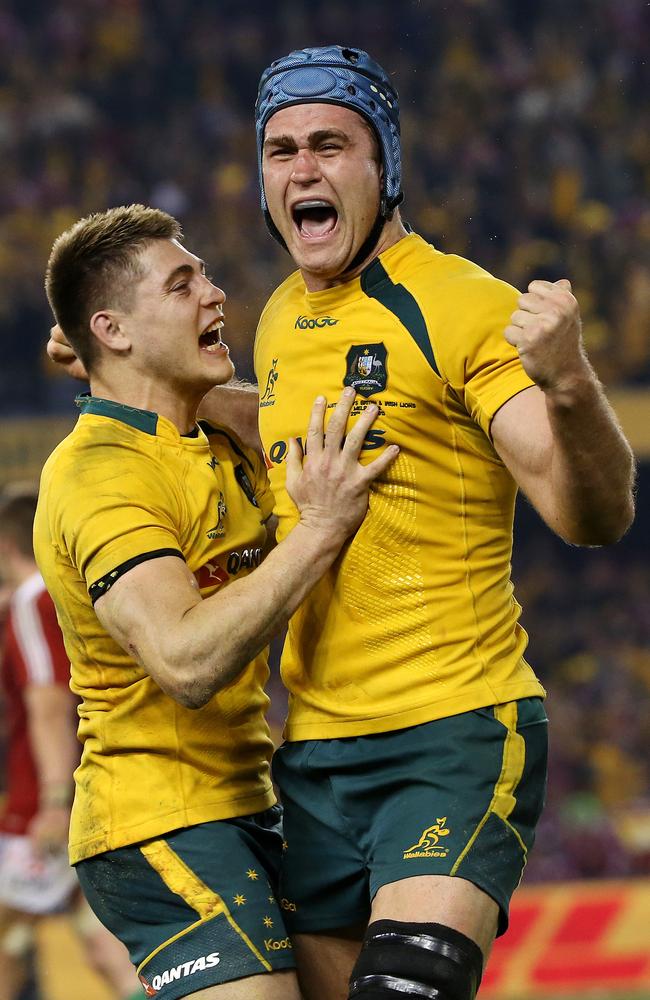 James O'Connor and James Horwill celebrate the Wallabies’ win over the British and Irish Lions in Melbourne last year.