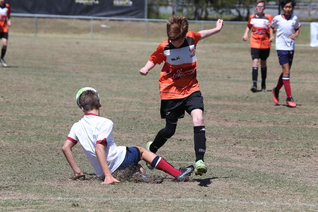 The Premier Invitational football tournament on the Gold Coast. TSS v Logan under-13s in action. Picture: Mike Batterham.