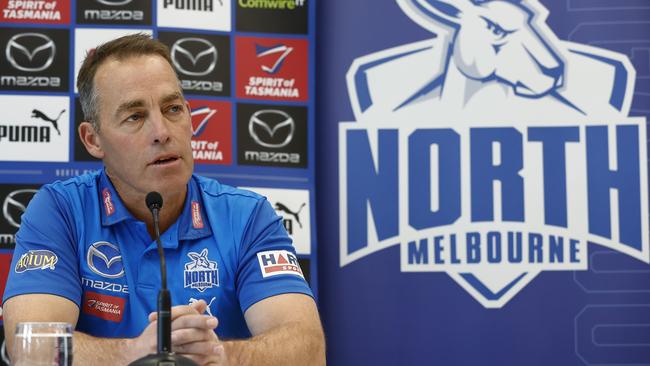 MELBOURNE, AUSTRALIA - AUGUST 19: Alastair Clarkson speaks to the media during a North Melbourne Kangaroos AFL Media Opportunity at Arden Street Ground on August 19, 2022 in Melbourne, Australia. Clarkson has agreed to coach the North Melbourne Football Club for the next five seasons, officially beginning on November 1, 2022. (Photo by Darrian Traynor/Getty Images)