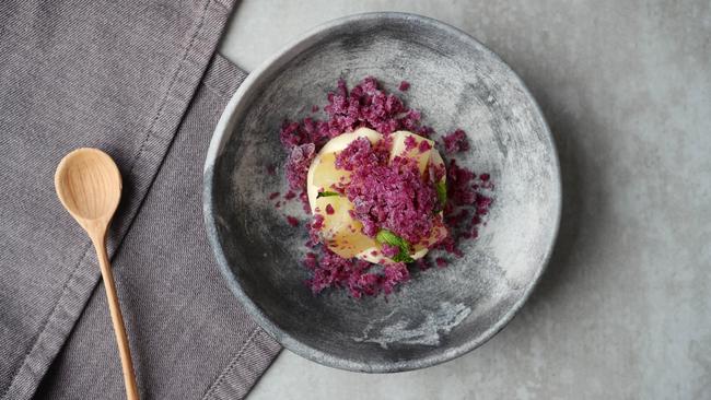 Igni’s buttermilk custard, kiwi, red cabbage. Picture: Rebecca Michael