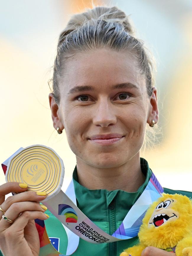 Australia's Eleanor Patterson poses with her gold medal at the World Athletic Championships in Oregon. Picture: Andrej Isakovic