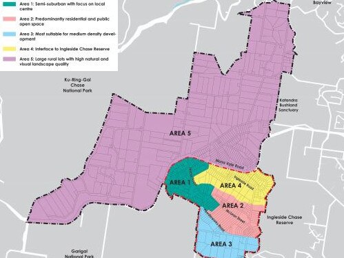 An overview included in the draft Ingleside Place Strategy showing the five proposed 'character areas' within and near the redevelopment precinct. Picture: NSW Government