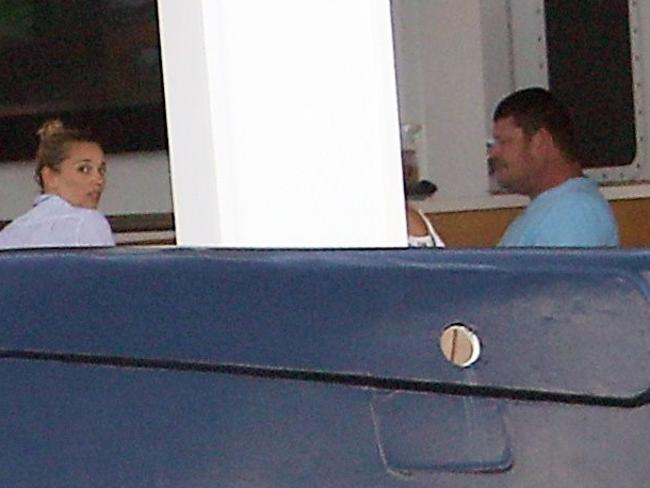 James Packer, pictured with Jasmine, didn’t go into the water, opting to hang out on his super vessel. Picture: BackGrid