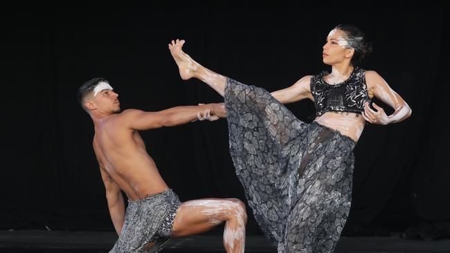 Bangarra Dance Theatre’s dancers Rika Hamaguchi and Bradley Smith perform part of the performance Spirit: A Retrospective 2021 at the Sydney Festival. Picture: NCA NewsWire / Damian Shaw