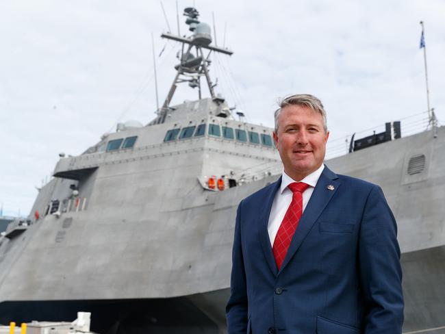 SYDNEY, AUSTRALIA - NewsWire Photos July 18, 2023: USS Canberra arrived in Sydney this morning and will be commissioned this weekend. The Ship was built in the US by Austral, an Australian ship building company. Pictured, CEO of Austral, Paddy Gregg with the ship behind him. Picture: NCA NewsWire / David Swift