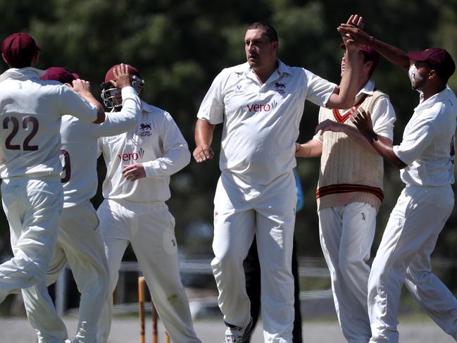 Trent Lawford celebrates one of his many wickets for Fitzroy Doncaster.