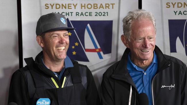 Skipper Mark Bradford and owner Peter Harburg talk to the media after their victory. Picture: Chris Kidd