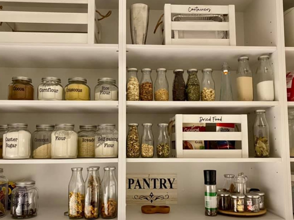 Melbourne mum Ione Norris decked out her first-ever pantry with all-things Kmart, labelling every jar with stickers from the retailer. Picture: Facebook