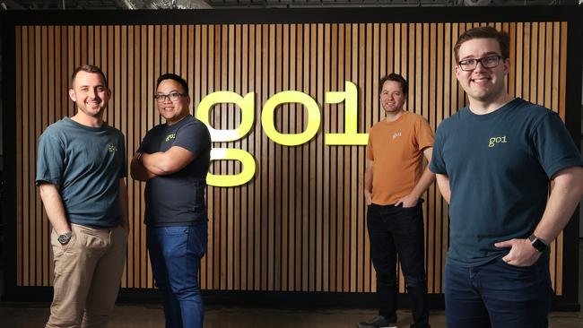 Go1 co-founders Chris Eigeland, Vu Tran, Chris Hood, and Andrew Barnes at their headquarters in Logan. Picture: Liam Kidston