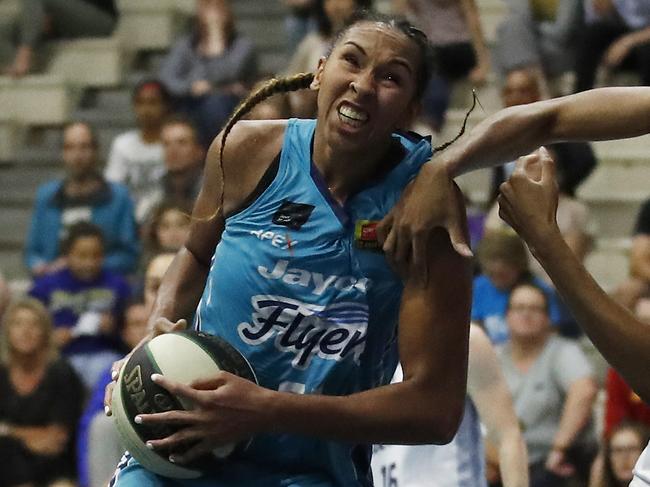 MELBOURNE, AUSTRALIA - FEBRUARY 18: Mercedes Russell of the Flyers and Brianna Turner of the Lightning contest the ball during game one of the WNBL Semi Final Series between the Southside Flyers and the Adelaide Lightning at Dandenong Stadium on February 18, 2020 in Melbourne, Australia. (Photo by Daniel Pockett/Getty Images)