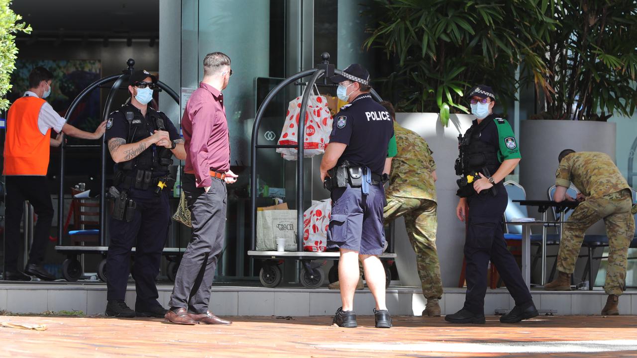 Police and army in front of the Sofitel. Picture Glenn Hampson