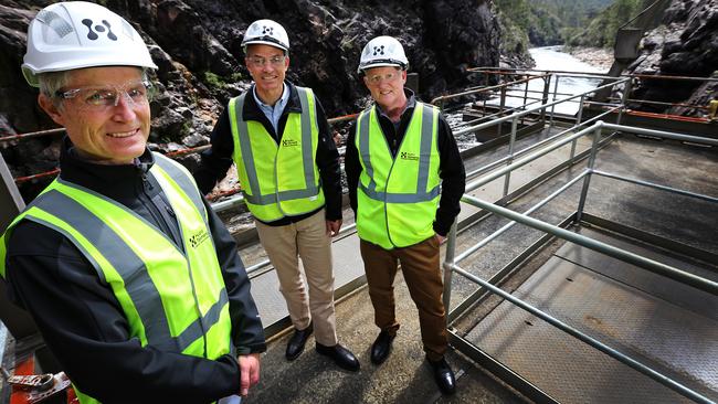 Australian Renewable Energy Agency CEO Ivor Frischknecht, from left, MP Guy Barnett, and Hydro Tasmania CEO Steve Davy at the Cethana Power Station earlier this year. Picture: CHRIS KIDD